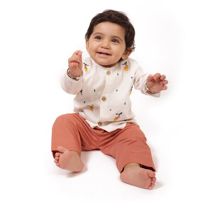 Organic Cotton Full Sleeves Jhabla Set- Mango