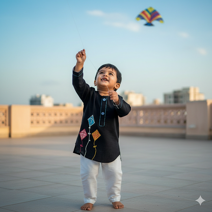 Sankranti special cotton slub black patchwork embroidered kite kurta set for infants, toddlers and kids.