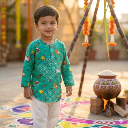 Pongal special organic cotton 'Pongalo Pongal' Unisex kurta set for infants, toddlers and kids.