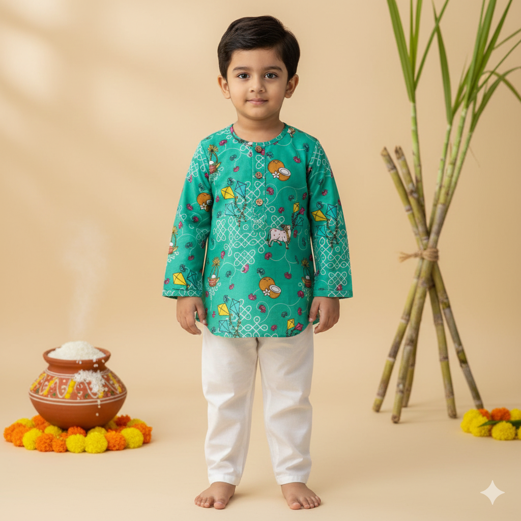 Pongal special organic cotton 'Pongalo Pongal' Unisex kurta set for infants, toddlers and kids.