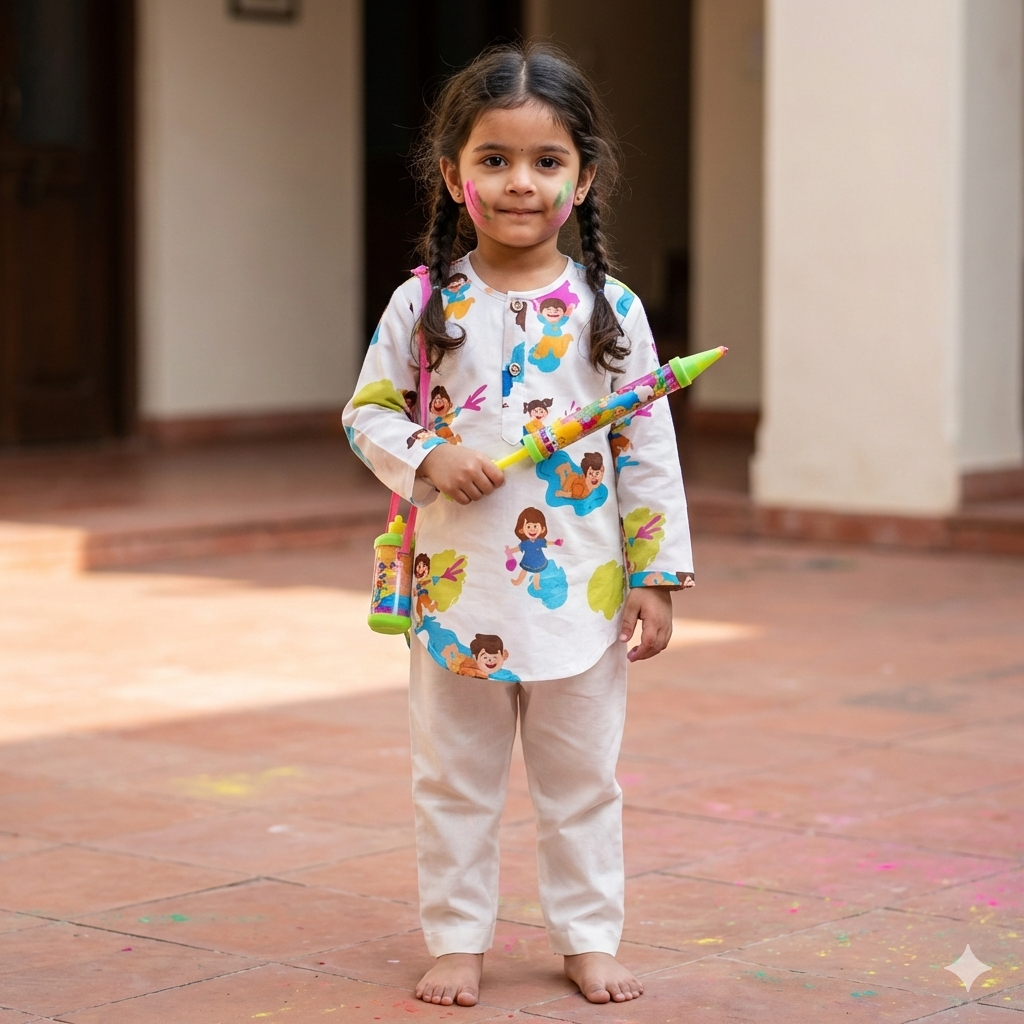 Organic Cotton Unisex 'Holi Hai' Kurta Set - White