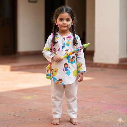 Organic Cotton Unisex 'Holi Hai' Kurta Set - White