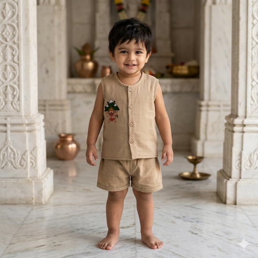 Crinkled Muslin Unisex 'Veer Hanuman' Jhabla Set