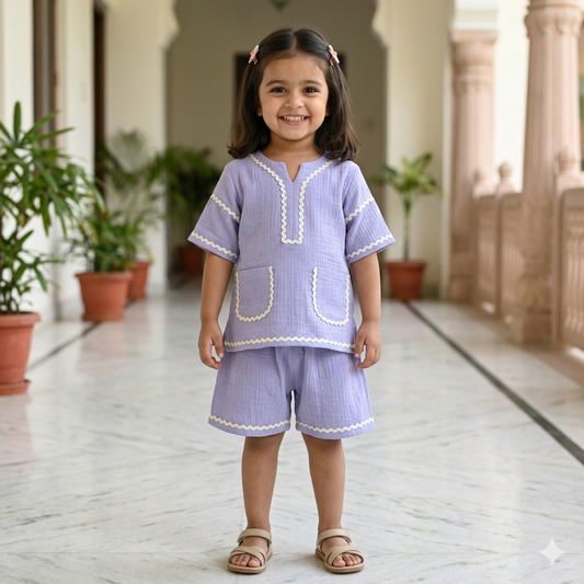 Crinkled Muslin Lace Shorts Set