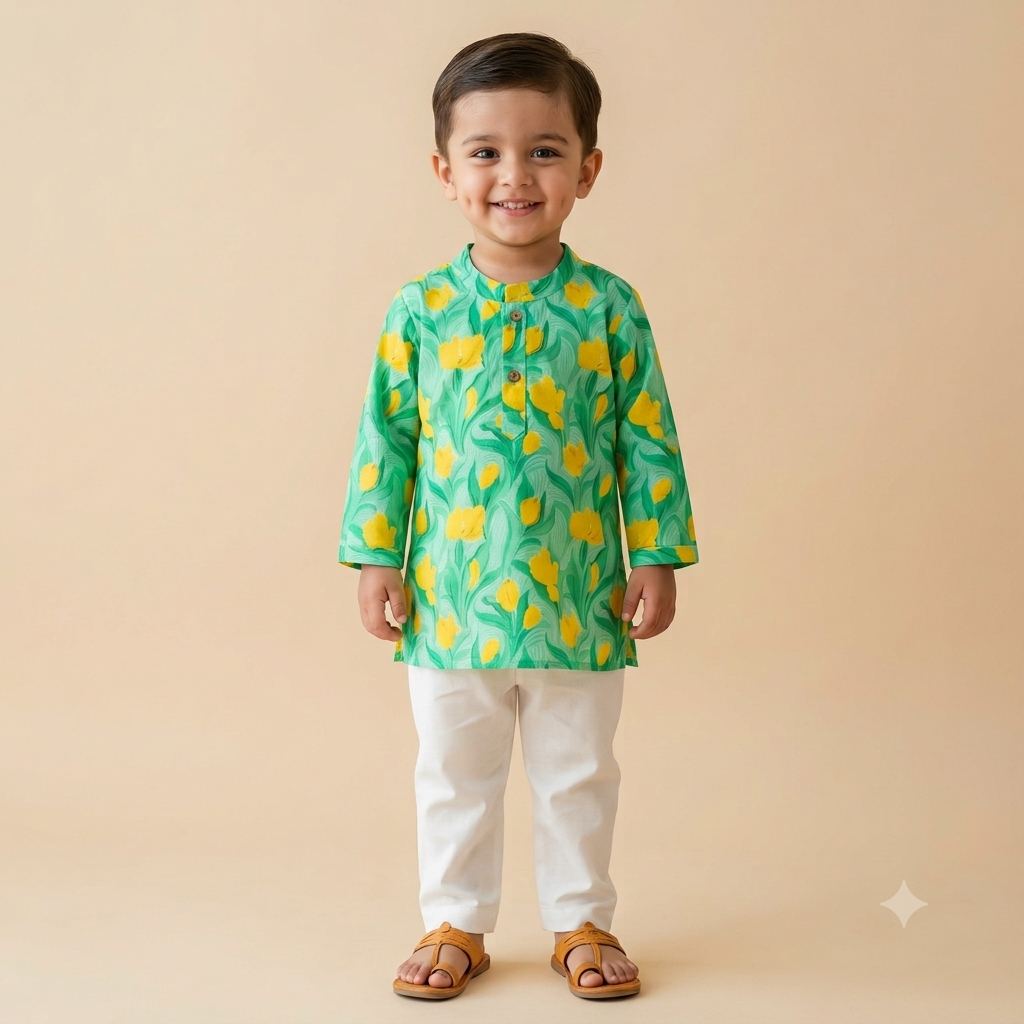 Organic Cotton Green Floral Kurta Set for Boys
