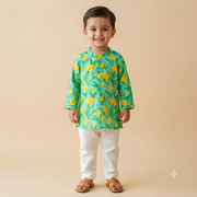 Organic Cotton Green Floral Kurta Set for Boys