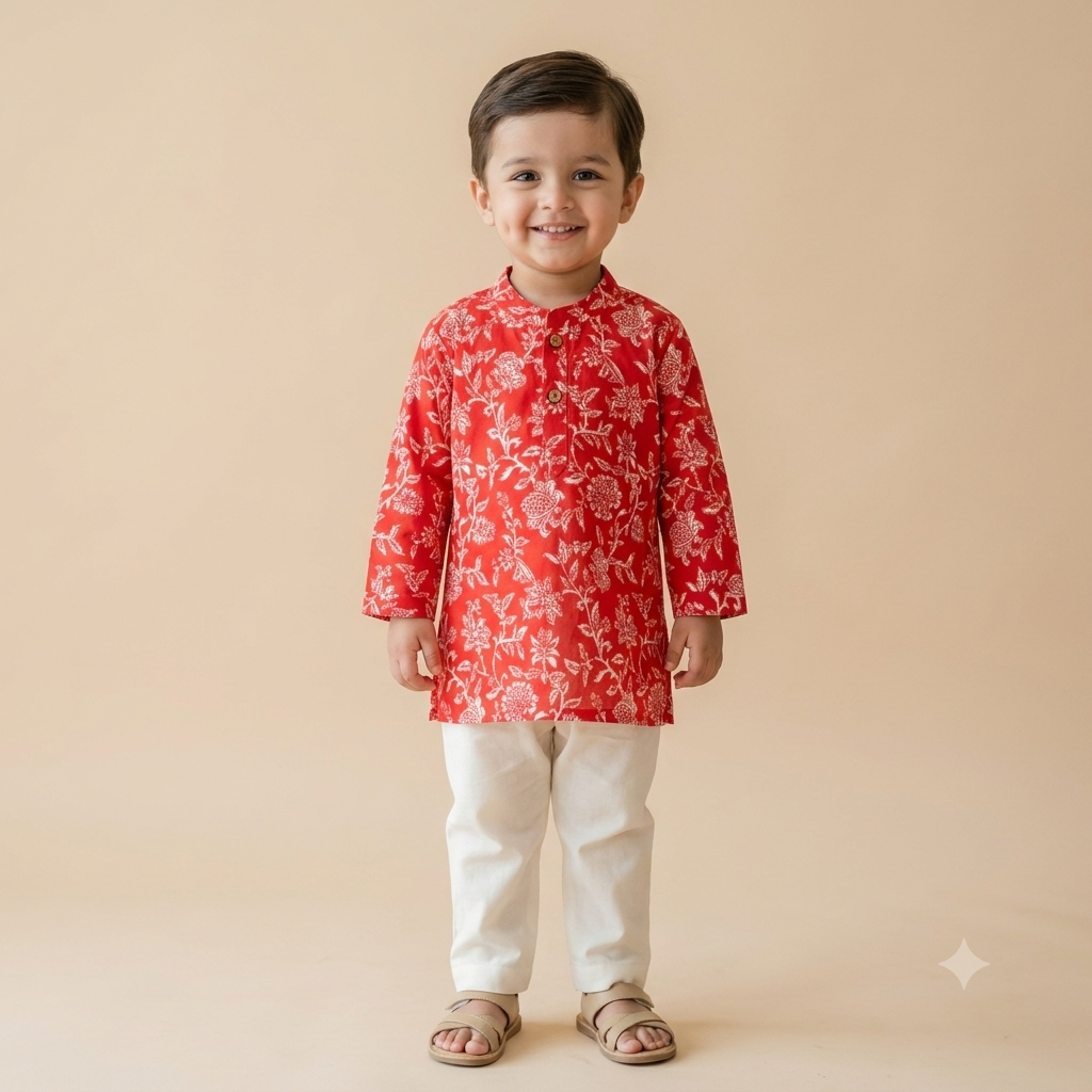Organic Cotton Red Floral Kurta Set for Boys