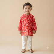 Organic Cotton Red Floral Kurta Set for Boys