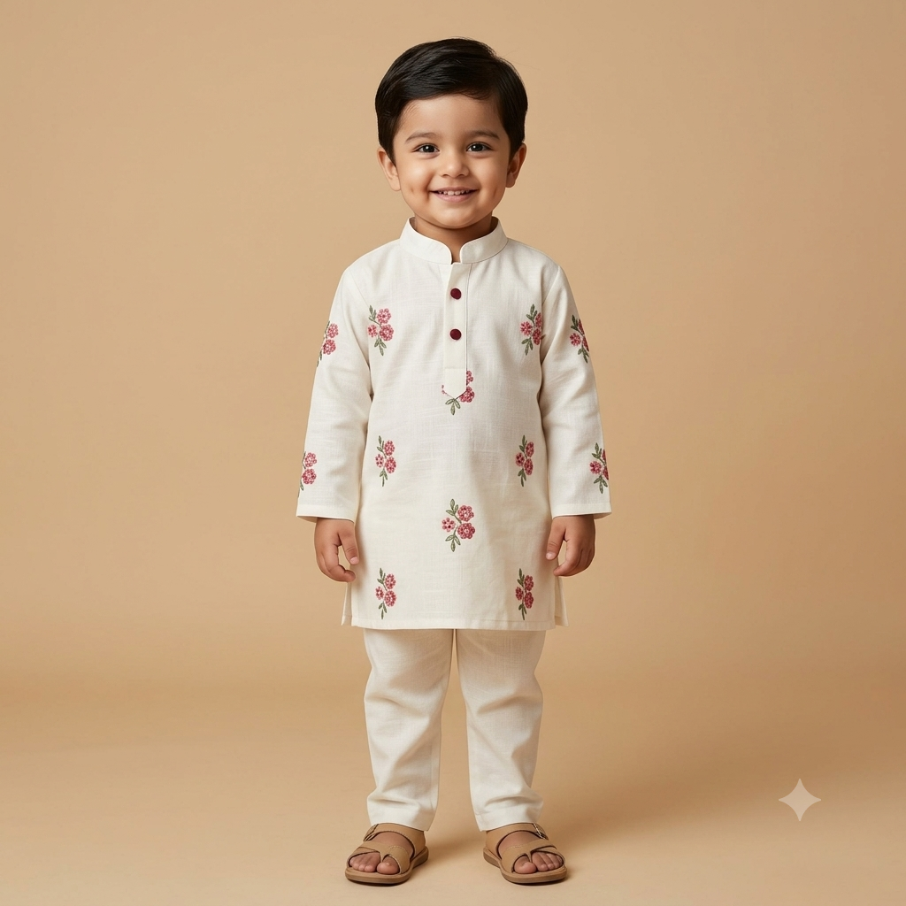 Chanderi Floral Embroidered Kurta Set for Boys