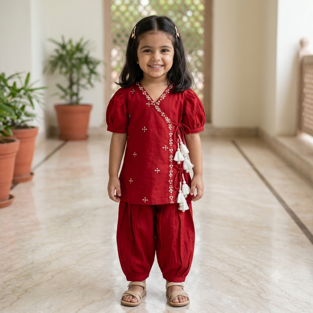 Organic Cotton Red Embroidered Angrakha Set for Girls