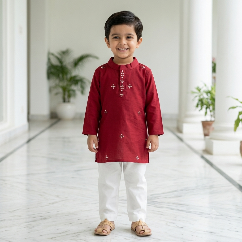 Organic Cotton Red Embroidered Kurta Set for Boys