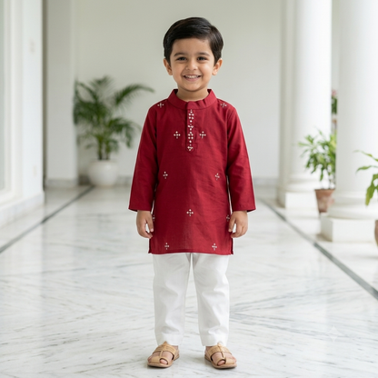 Organic Cotton Red Embroidered Kurta Set for Boys