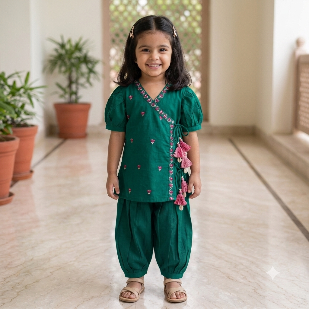 Organic Cotton Green Embroidered Angrakha Set for Girls