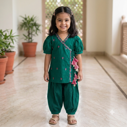 Organic Cotton Green Embroidered Angrakha Set for Girls