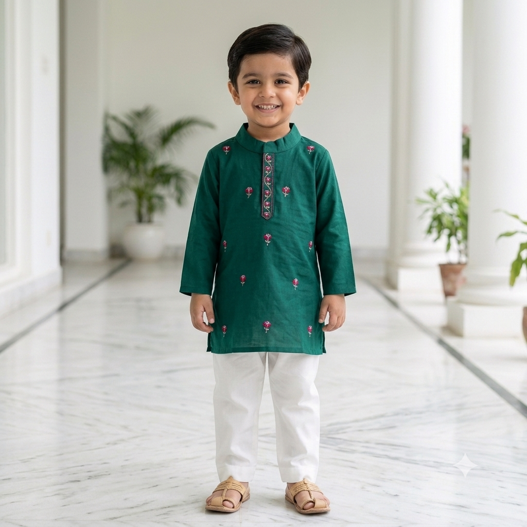 Organic Cotton Green Floral Embroidered Kurta Set for Boys
