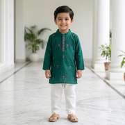Organic Cotton Green Floral Embroidered Kurta Set for Boys