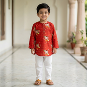 Organic Cotton Unisex 'Bappa Morya' Kurta Set (Red)