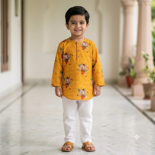 Organic Cotton Unisex 'Bappa Morya' Kurta Set (Yellow)