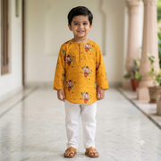 Organic Cotton Unisex 'Bappa Morya' Kurta Set (Yellow)