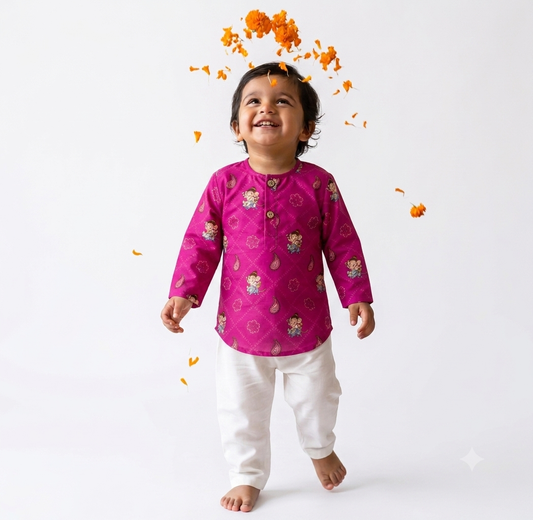 Organic Cotton Unisex 'Bappa Morya' Bandhej Kurta Set (Purple)