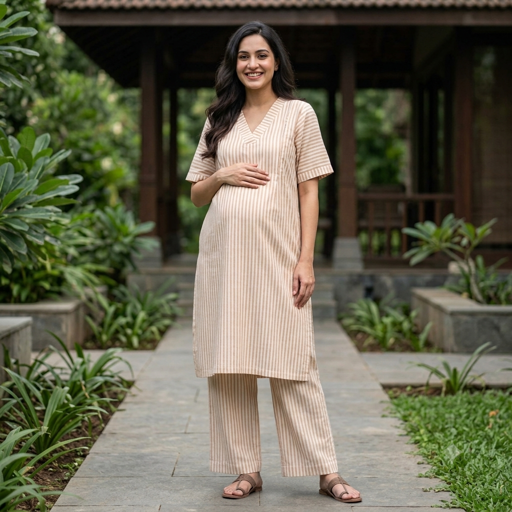 'Maatri' Beige Striped Co-ord Set- Maternity and Nursing Essentials