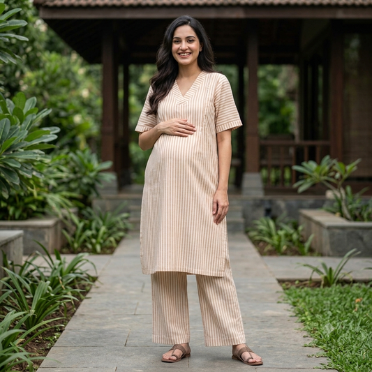 'Maatri' Beige Striped Co-ord Set- Maternity and Nursing Essentials