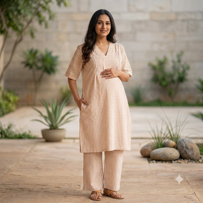 'Maatri' Beige Striped Co-ord Set- Maternity and Nursing Essentials