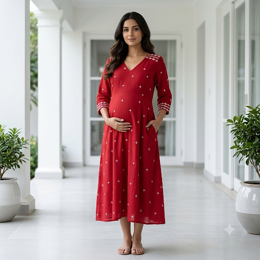 'Aanchal' Red Embroidered Dress- Maternity and Nursing Essentials