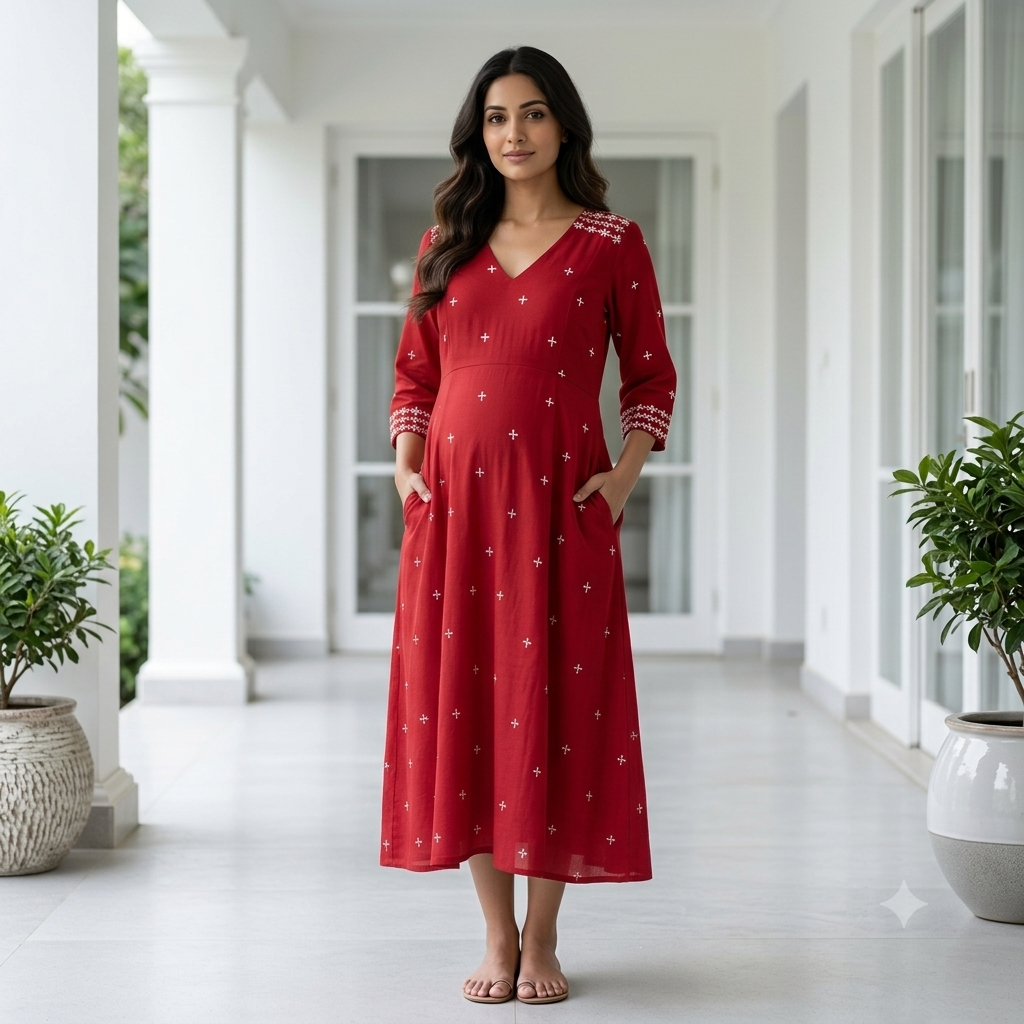 'Aanchal' Red Embroidered Dress- Maternity and Nursing Essentials
