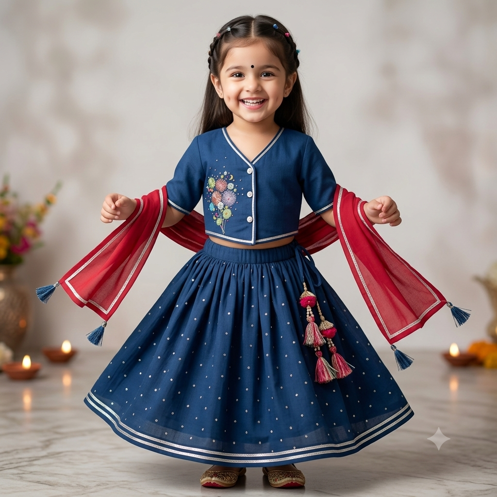 Organic Cotton Voile 'Little Patakha' Embroidered Lehenga Choli with Dupatta