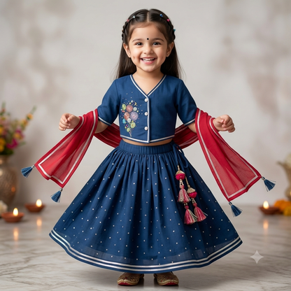 Organic Cotton Voile 'Little Patakha' Embroidered Lehenga Choli with Dupatta
