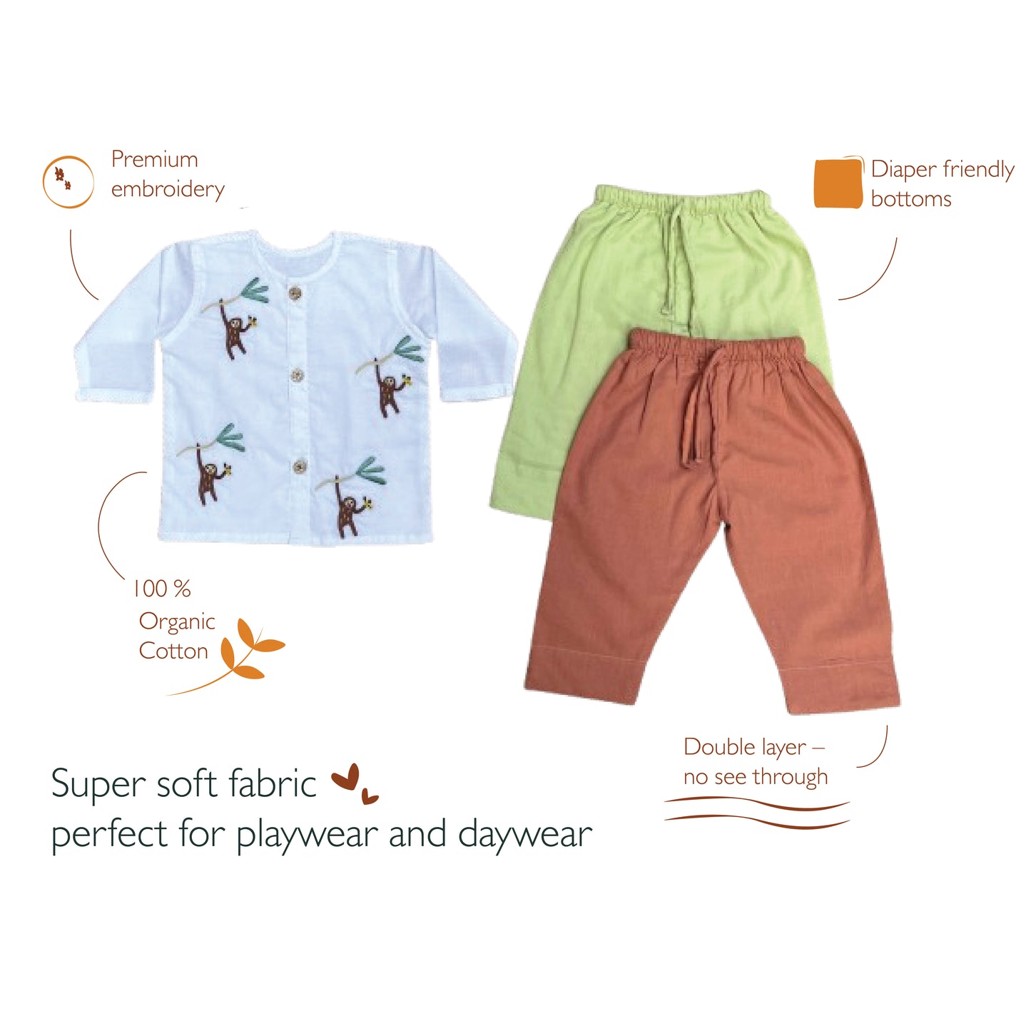 Organic Cotton Full Sleeves Jhabla with Two Pyjamas- Monkey