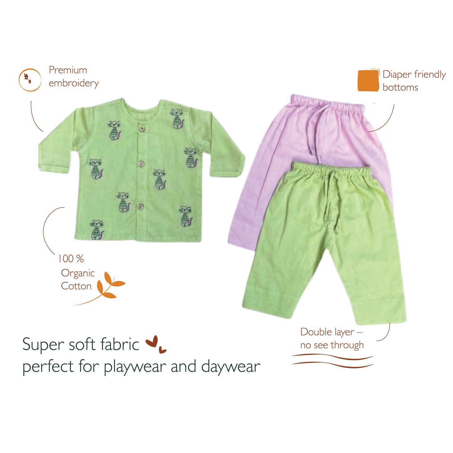 Organic Cotton Full Sleeves Jhabla with Two Pyjamas- cats