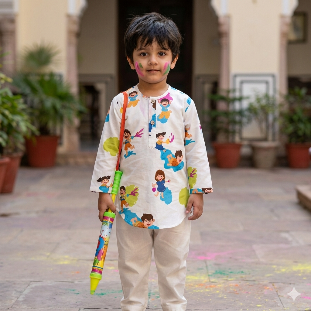 Organic Cotton Unisex 'Holi Hai' Kurta Set - White