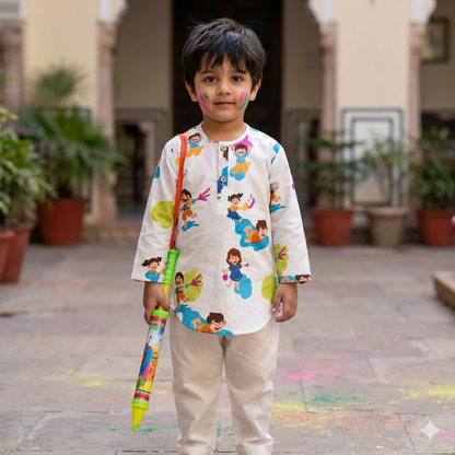 Organic Cotton Unisex 'Holi Hai' Kurta Set - White