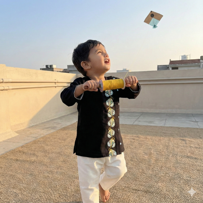 Sankranti special cotton slub black kites-embroidered kurta set for infants, toddlers and kids.