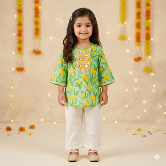 Chanderi Tulip Print Mirror work Kurta set for Girls