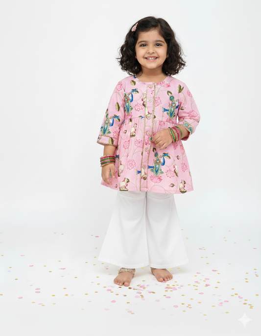 Chanderi Pichwai art inspired Shrinath ji print kurta set for infants, toddlers and kids-perfect for festive occasions