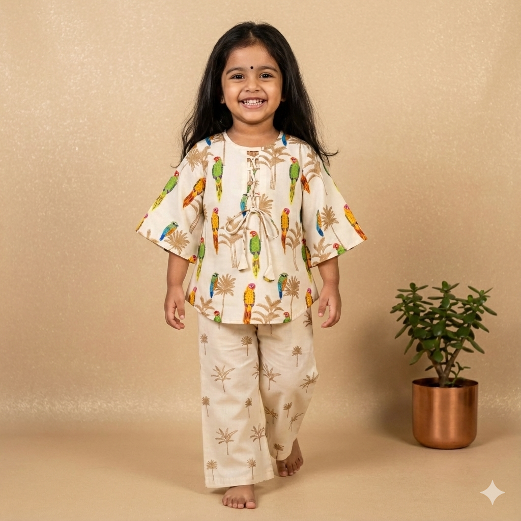 Chanderi 'Parrot Party' Kurta Set for Girls