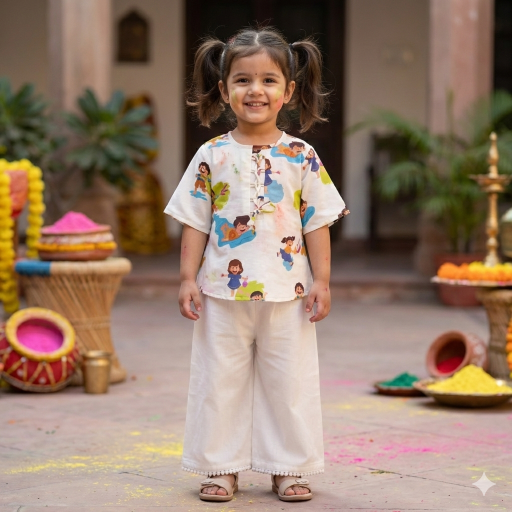 Organic Cotton 'Holi Hai' Kurta Set for Girls - White