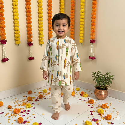 Chanderi 'Parrot Party' Kurta Set for Boys
