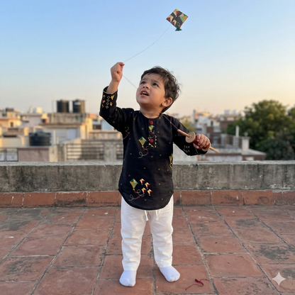 Chanderi Unisex Black Bandhej Kites Print Kurta Set