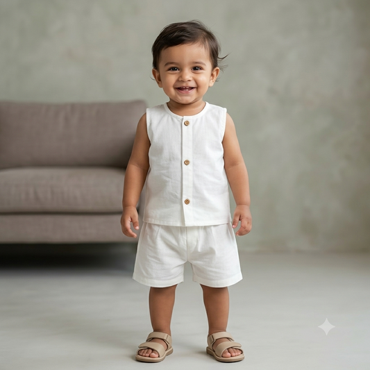 Organic Cotton Plain Jhabla Set White