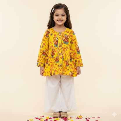 Madhubani print organic cotton 'Vidhya Dehi Saraswati' kurta set for infants, toddlers and kids.