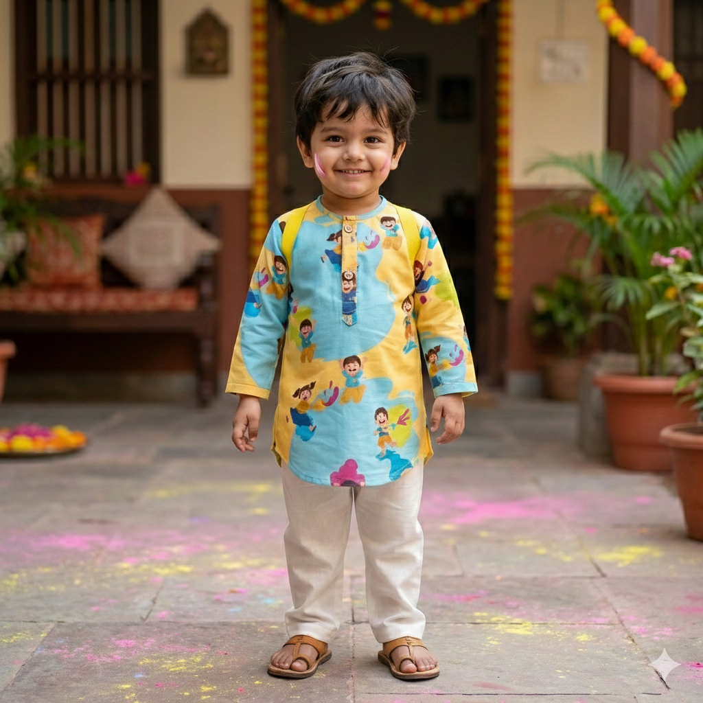 Organic Cotton Unisex 'Holi Hai' Kurta Set - Beige and Blue