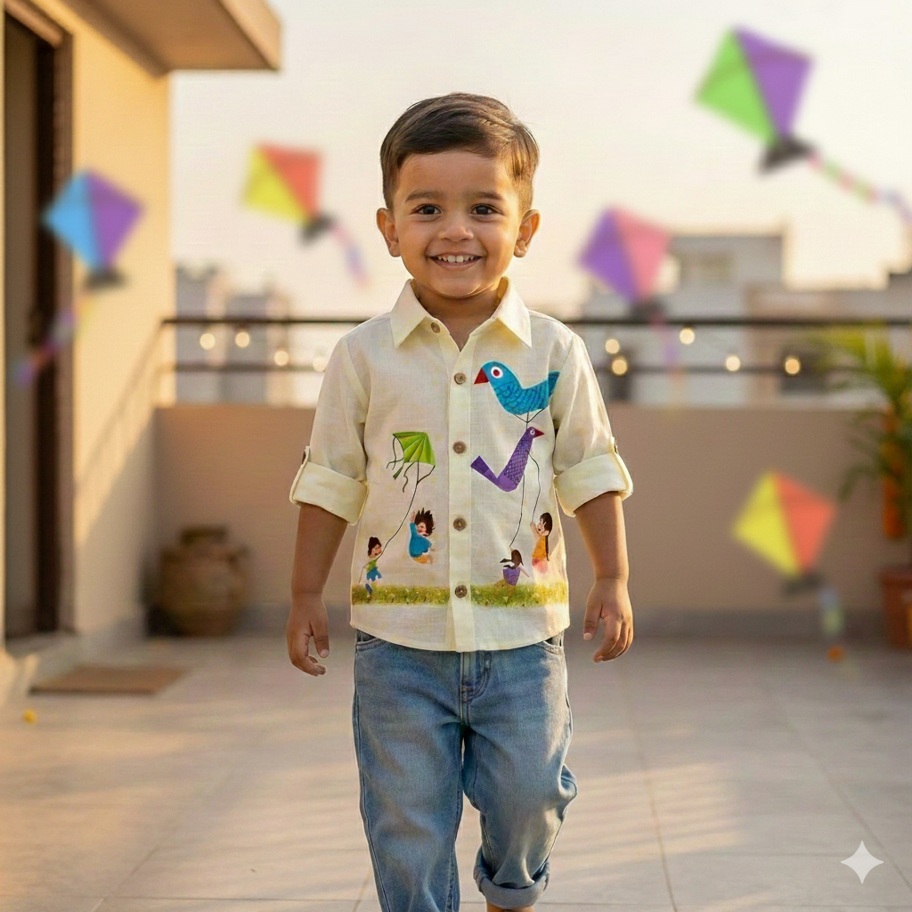 Makar Sankranti special Colourful Kites Print Unisex Cotton Linen Shirt for infants, toddlers and kids.