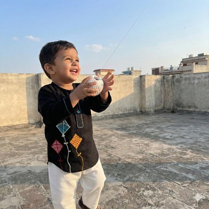 Sankranti special cotton slub black patchwork embroidered kite kurta set for infants, toddlers and kids.