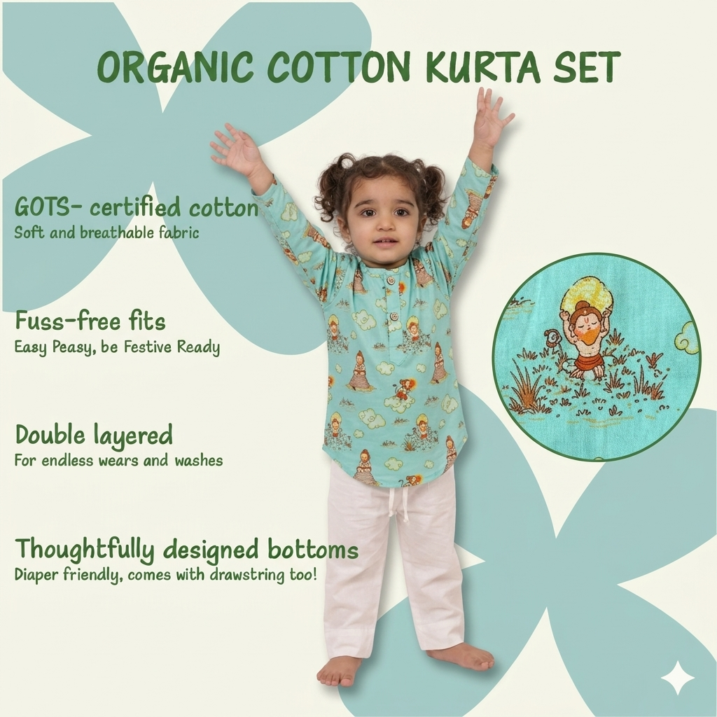 Organic Cotton Unisex 'Veer Hanuman' Kurta Set - Green