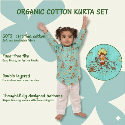 Organic Cotton Unisex 'Veer Hanuman' Kurta Set - Green