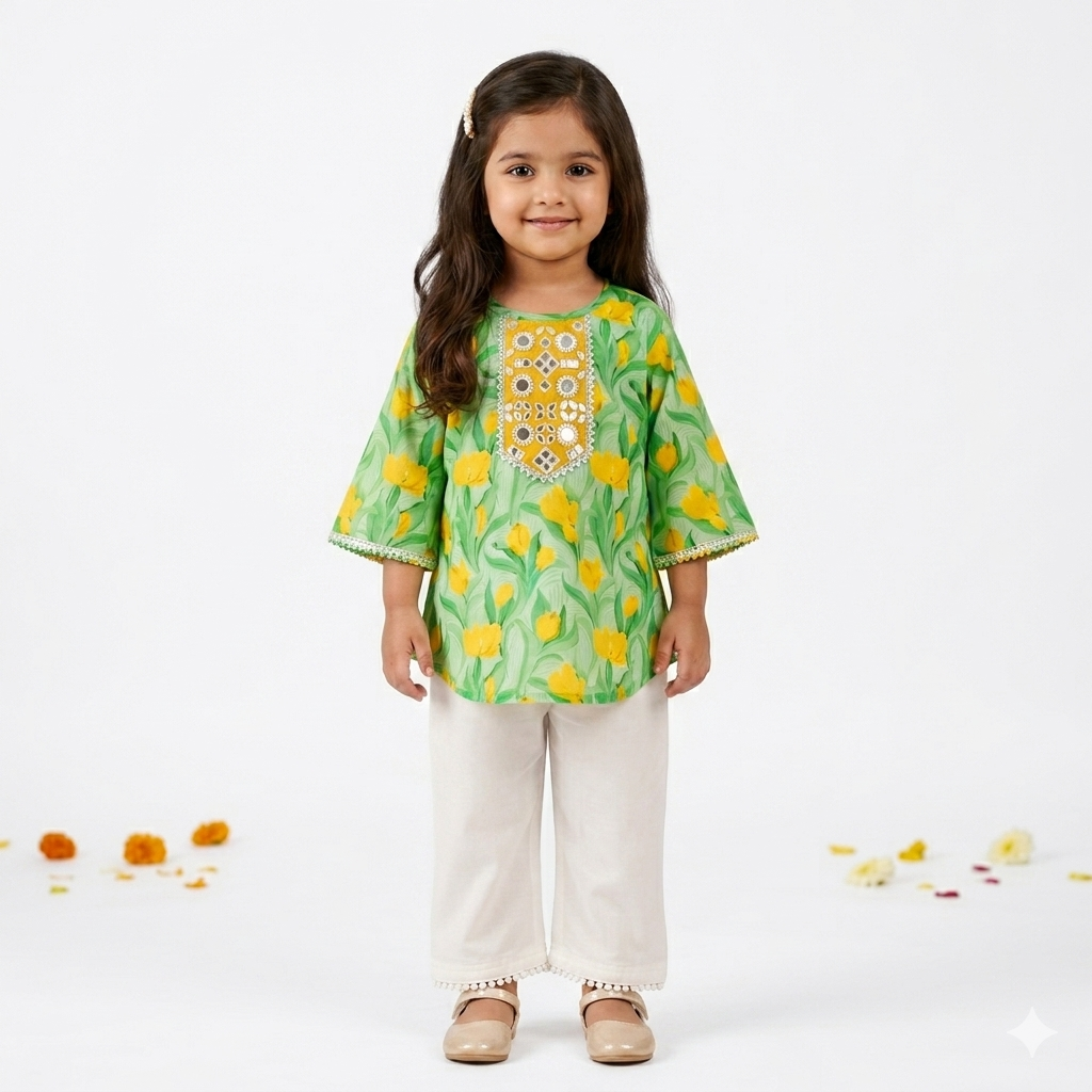 Chanderi Tulip Print Mirror work Kurta set for Girls